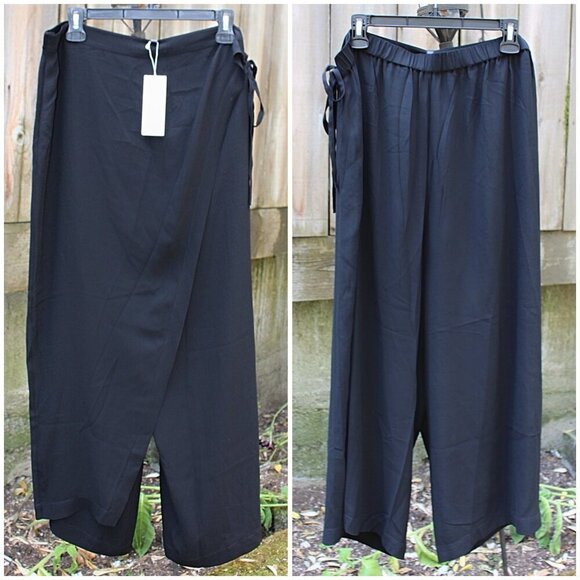 Eileen Fisher Pants - New w/Tags- Eileen Fisher Silk Georgette Crepe Wide Leg Sarong Pants, Black, XL